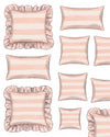 Set of pink and white striped pillows with ruffled edges on a light background