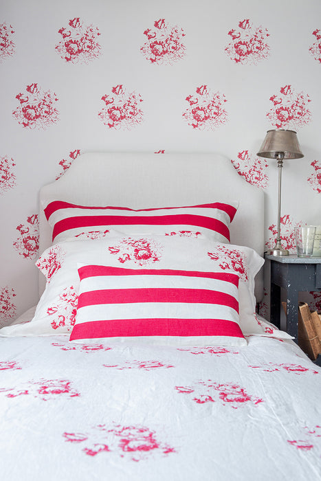 Two Inch Stripe Cerise on White Linen