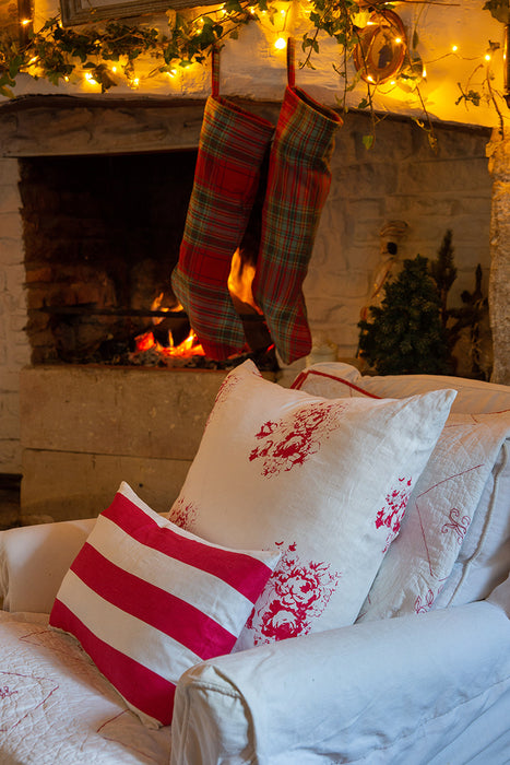Two Inch Stripe Cerise on White Linen