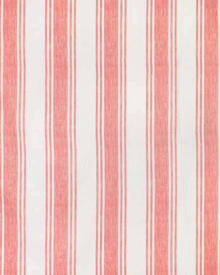 A fabric with a red and white striped pattern on a linen texture.