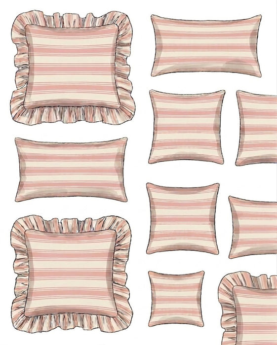 Set of pink and white striped pillows with ruffled edges on a white background