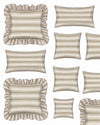 Set of striped pillows with ruffled edges on a white background