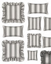 Set of striped pillows with ruffled edges on a white background