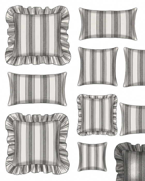 Set of striped pillows with ruffled edges on a white background