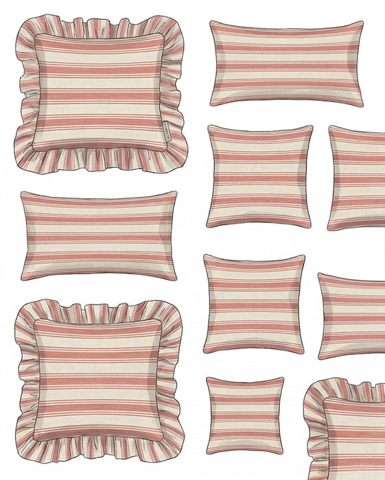 Collection of red and white striped pillows with ruffled edges on a white background