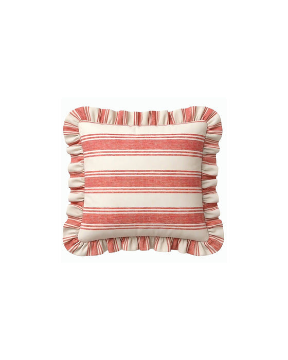 Striped pillow with ruffle trim on a white background