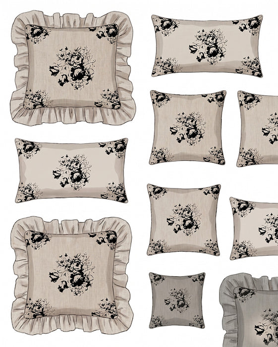 Set of decorative pillows with floral patterns on a neutral background