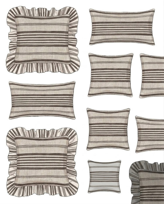 Set of striped pillows with ruffled edges on a white background