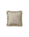 Decorative pillow with floral pattern and ruffled edge on a white background