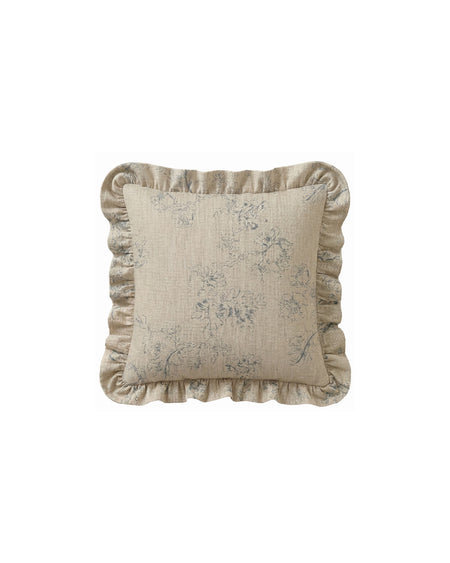 Decorative pillow with floral pattern and ruffled edge on a white background