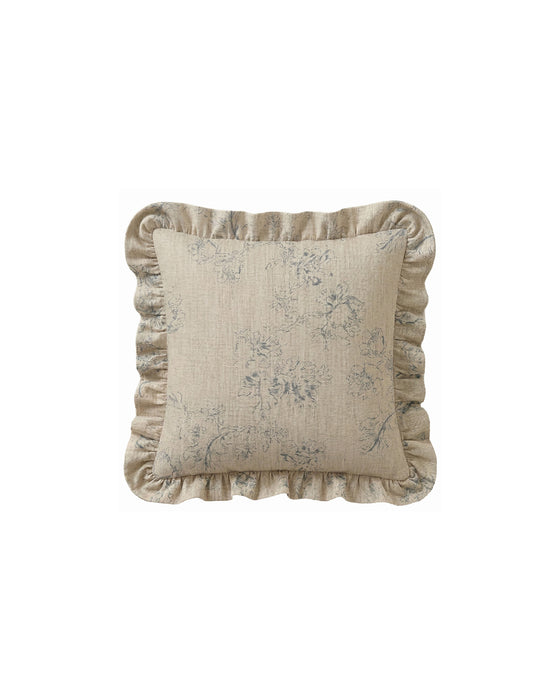 Decorative pillow with floral pattern and ruffled edge on a white background