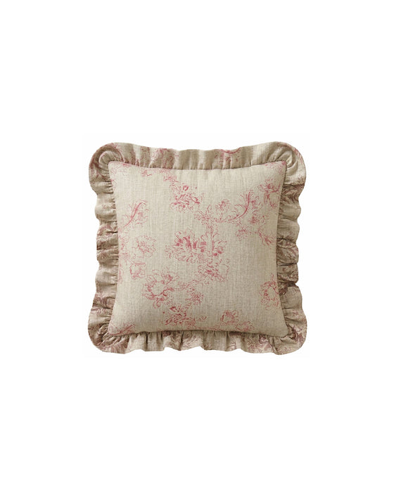 Decorative pillow with floral pattern and ruffled edges on a white background