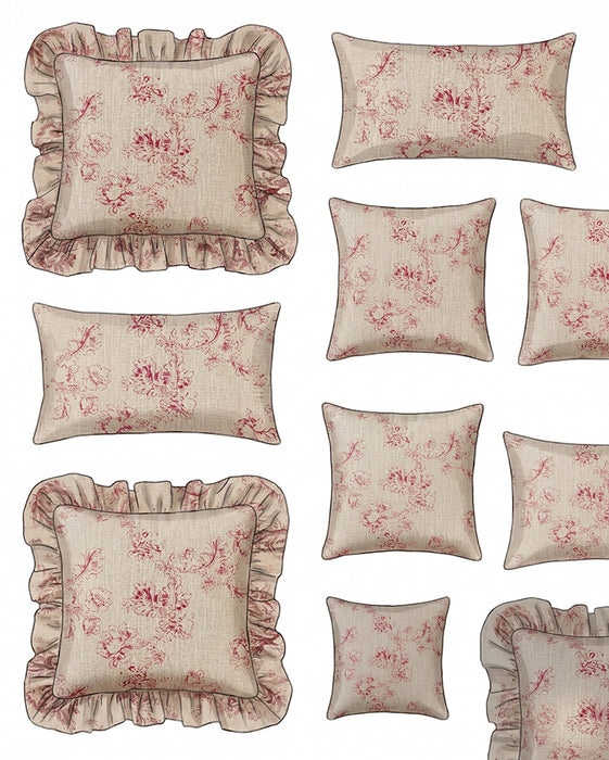 Set of floral patterned pillows with ruffled edges on a white background