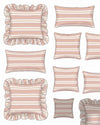 Set of striped pillows with ruffled edges on a white background
