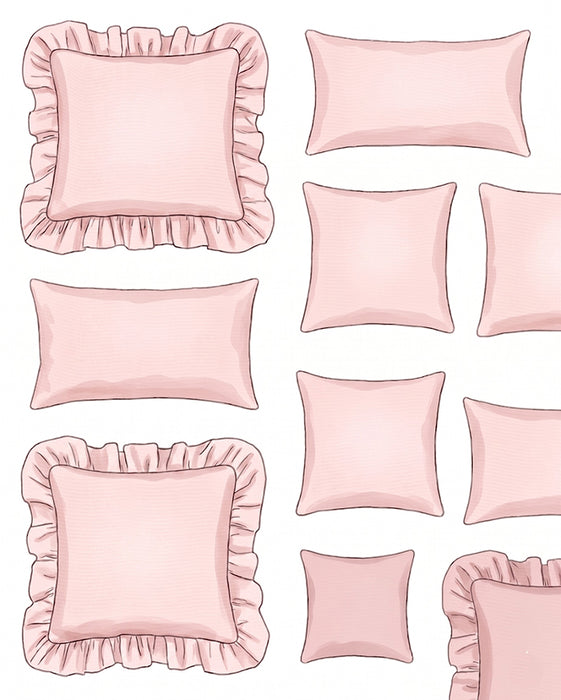 Collection of pink pillows with ruffled edges on a white background