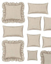 Set of beige pillows with ruffled edges on a white background