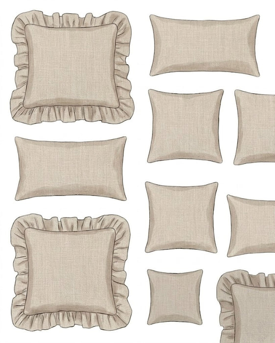 Set of beige pillows with ruffled edges on a white background