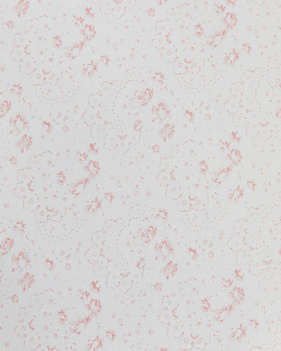 Close-up of white linen fabric with a subtle pink floral print.