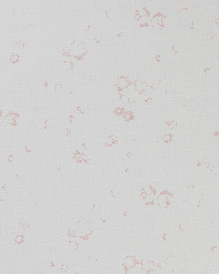 A close-up image of a fabric with a floral pattern consisting of small, pale pink roses printed on a white linen background.