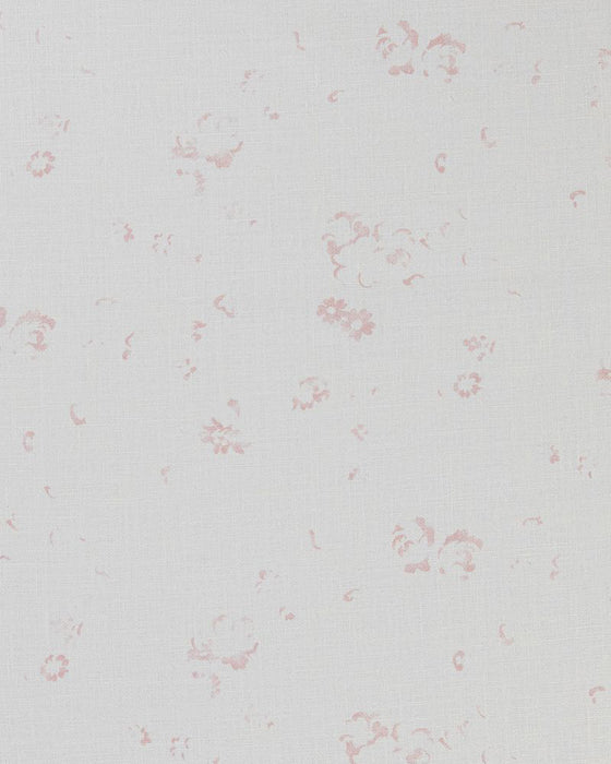 A close-up image of a fabric with a floral pattern consisting of small, pale pink roses printed on a white linen background.