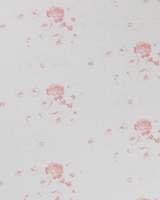 A close-up image of white linen fabric with a repeated floral pattern in a pink hue.