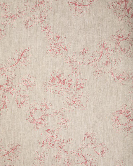 A close-up image of natural linen fabric with a red floral pattern.