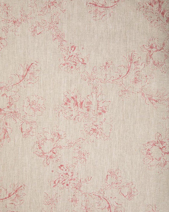 A close-up image of natural linen fabric with a red floral pattern.
