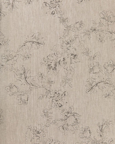 A fabric with a natural linen color featuring a charcoal gray floral print.