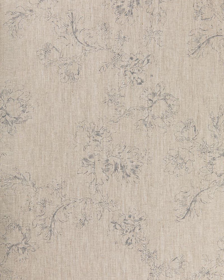 A fabric with a floral pattern in a subtle blue on natural linen color