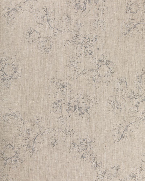 A fabric with a floral pattern in a subtle blue on natural linen color
