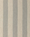 A close-up view of fabric with vertical stripes in French blue on a natural linen base.