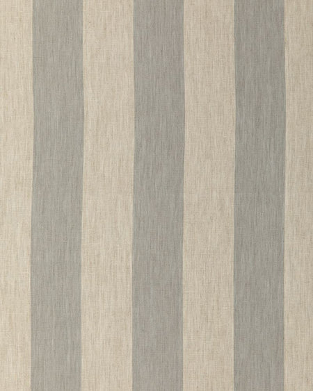 A close-up view of fabric with vertical stripes in French blue on a natural linen base.