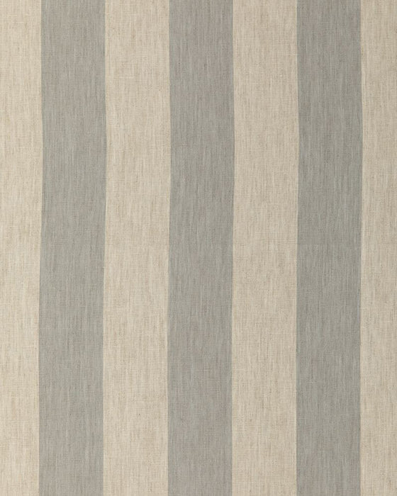 A close-up view of fabric with vertical stripes in French blue on a natural linen base.