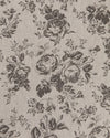 A fabric with a floral pattern featuring roses in charcoal gray on a natural linen background.