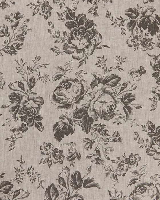 A fabric with a floral pattern featuring roses in charcoal gray on a natural linen background.