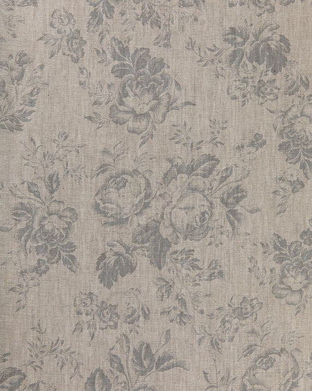 A fabric with a floral pattern in a subtle blue color on a natural linen background.