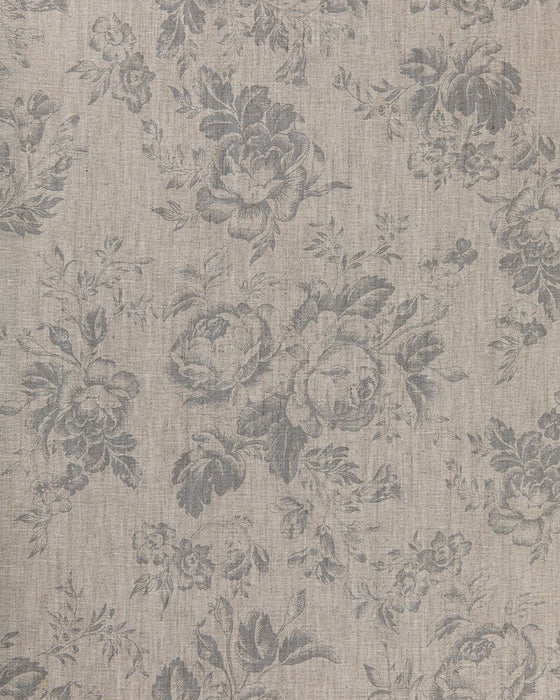 A fabric with a floral pattern in a subtle blue color on a natural linen background.