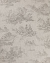 A fabric with a toile pattern featuring gray pastoral scenes on a natural linen background.