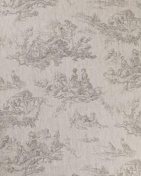 A fabric with a toile pattern featuring gray pastoral scenes on a natural linen background.