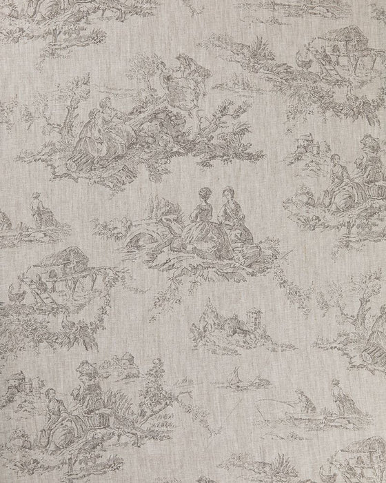 A fabric with a toile pattern featuring gray pastoral scenes on a natural linen background.