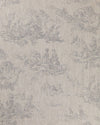 A fabric with a traditional pastoral print in blue and beige tones on a linen background.