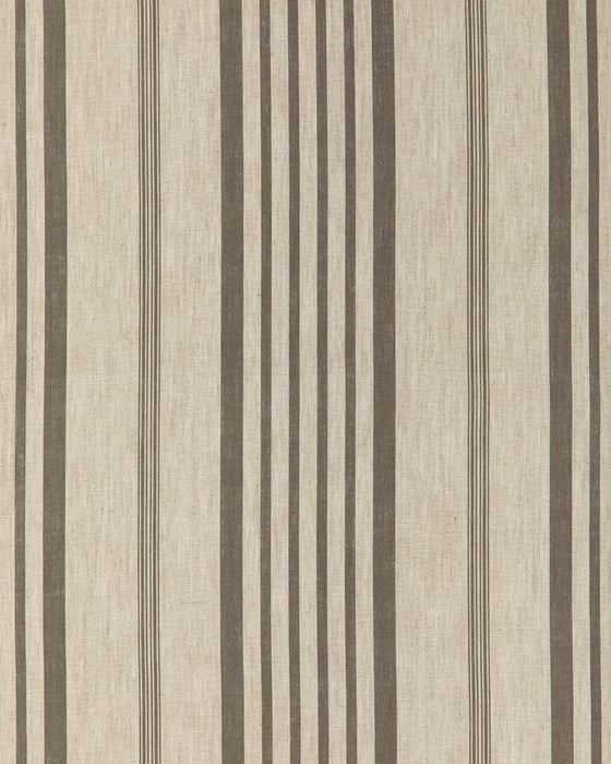 A striped fabric with charcoal gray lines on a natural linen background.