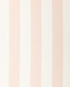 A close-up view of a fabric with vertical pale rose stripes on a white linen background.