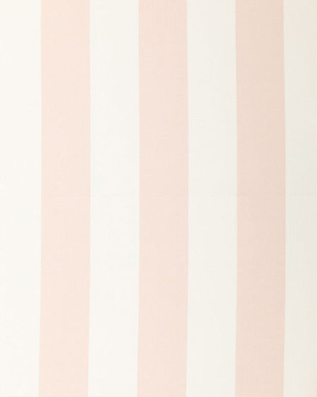 A close-up view of a fabric with vertical pale rose stripes on a white linen background.