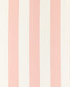 A close-up image of a fabric with a pattern of bold vertical pink stripes on a white linen background.