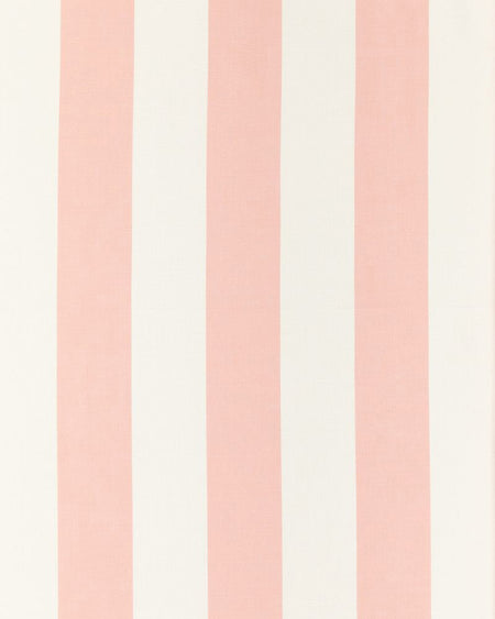 A close-up image of a fabric with a pattern of bold vertical pink stripes on a white linen background.
