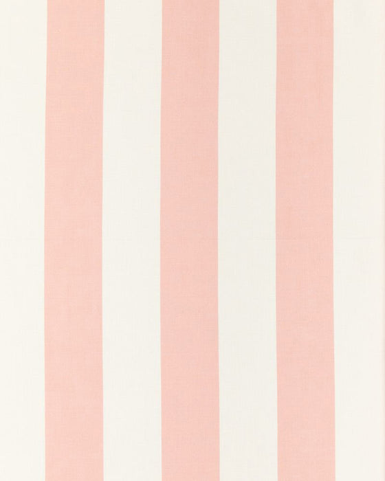 A close-up image of a fabric with a pattern of bold vertical pink stripes on a white linen background.