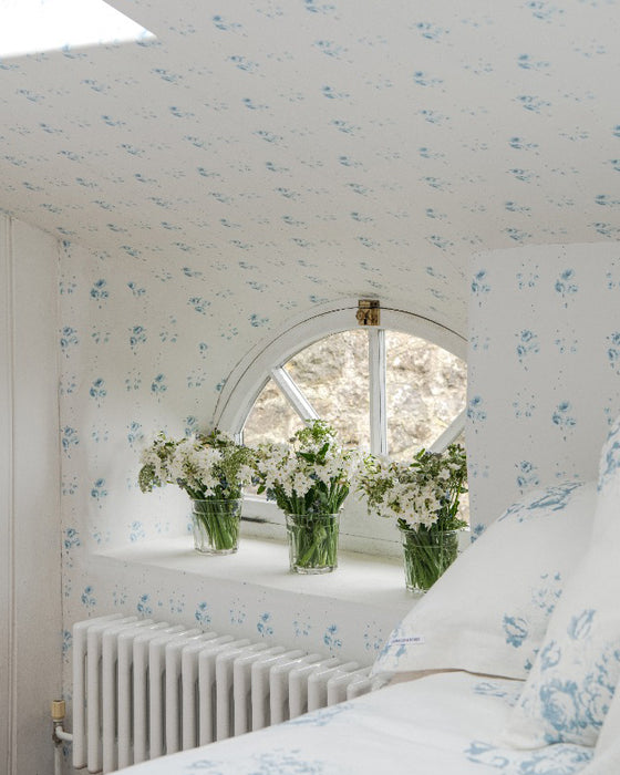Catherine Rose Blue on White Wallpaper