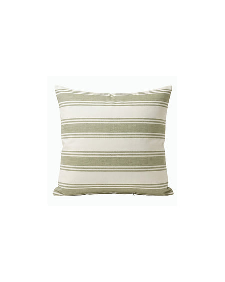 Striped pillow with green and white stripes on a white background