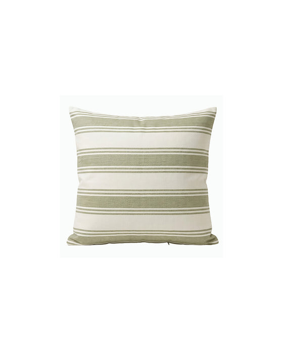 Striped pillow with green and white stripes on a white background